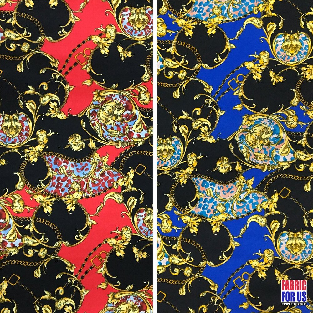 Paisley Floral Renaissance Stretch Poly-Spandex Fabric in Blue and Red 58"/60" W
